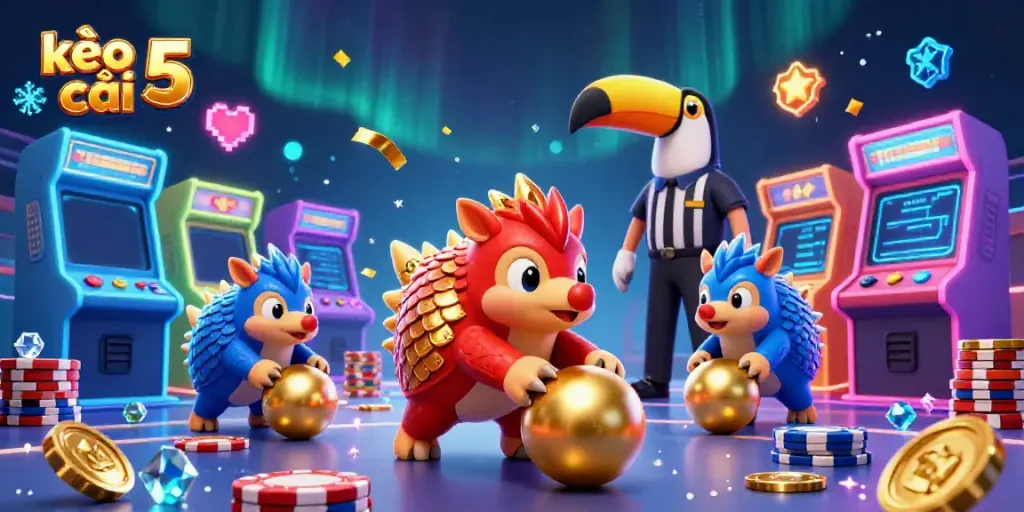 Engage with kèo nhà cái 5 in a vibrant 3D scene featuring rival pangolins amidst arcade and casino elements.