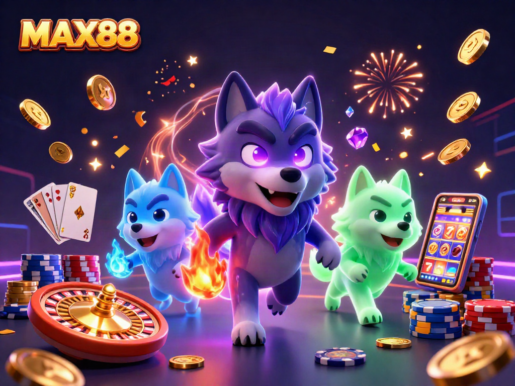 Engage with MAX88's thrilling gaming scene featuring glowing wolves, sparkling coins, and dynamic casino elements.