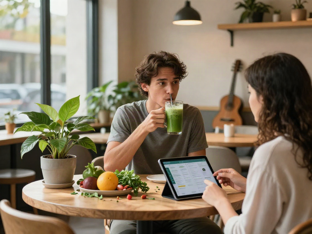 Health-conscious individual enjoying a green smoothie in an nsfw-friendly urban café.