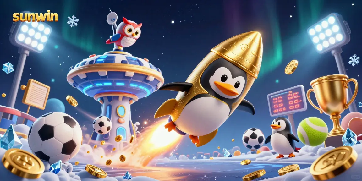 sunwin's golden penguin racing to a casino space station amidst dynamic sports elements and golden coins