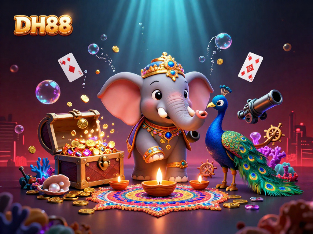 Win big with DH88 in this vibrant casino-themed illustration featuring games and excitement.