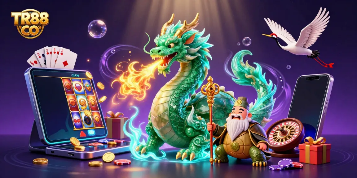 Experience the thrilling magic of TR88 CO with jade dragon and lucky cranes in dynamic casino scene.