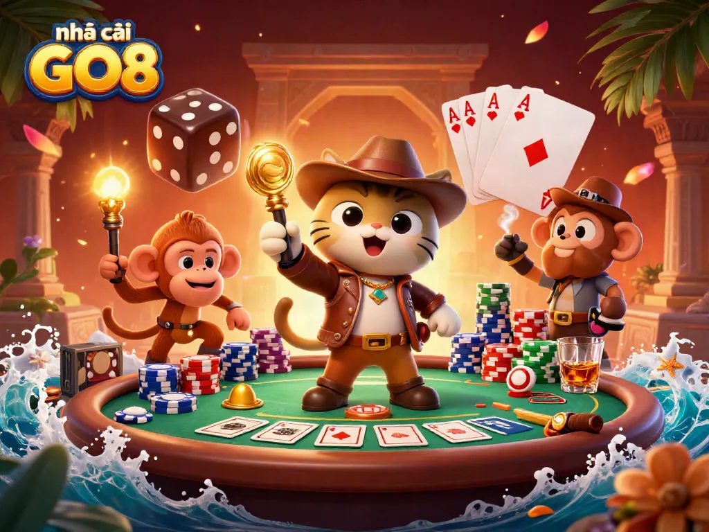 Engage with nhà cái GO8 in a vibrant 3D casino scene showcasing thrilling action and colorful elements.