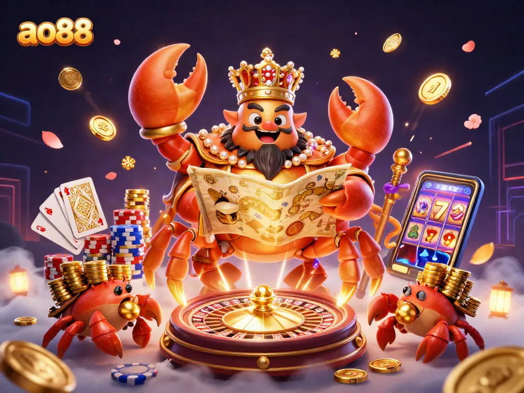 Spin vibrant casino thrills with ao88's golden crab emperor amidst dazzling treasures and games.