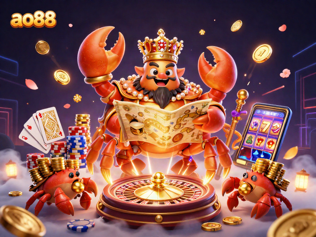 Spin vibrant casino thrills with ao88's golden crab emperor amidst dazzling treasures and games.