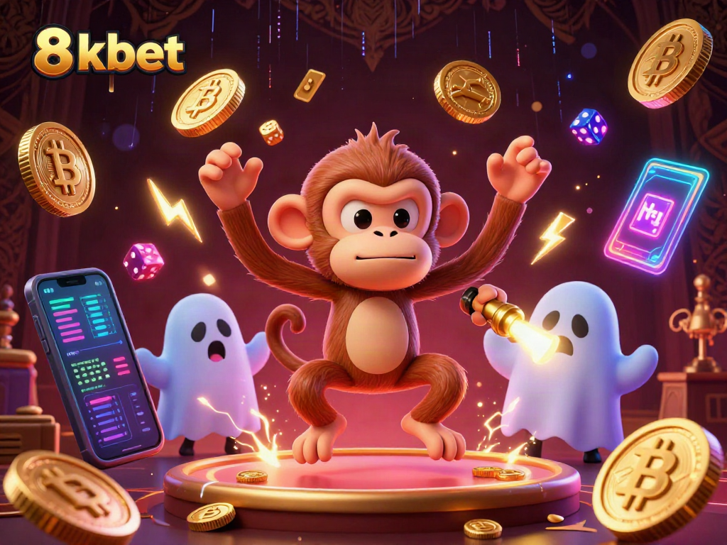 Watch 8xbet's poltergeist monkey juggle golden casino elements in a vibrant, haunted scene.