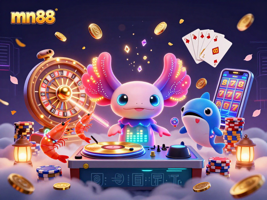 Experience dynamic gaming adventures at mn88 with a vibrant axolotl DJ, dancing shrimp, and glowing casino elements.