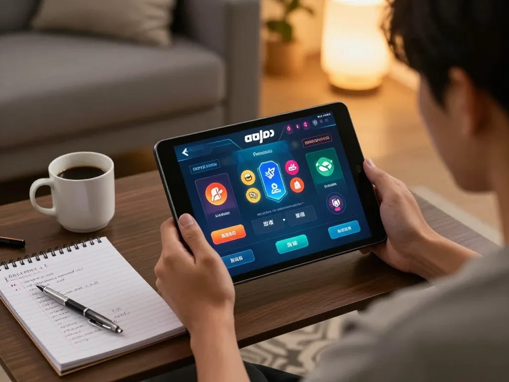 Engaged player exploring apk sungaitoto on tablet in cozy living room, showcasing modern gaming strategy.