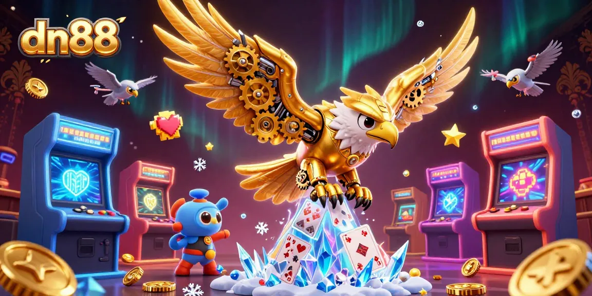 Experience the excitement of dn88 as a cybernetic eagle dives through holographic cards in a vibrant casino.