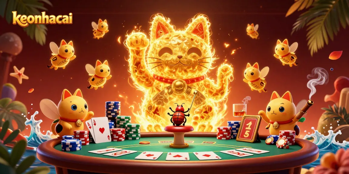 Engage with a stunning keonhacai-themed 3D illustration showcasing a lucky cat and poker elements.