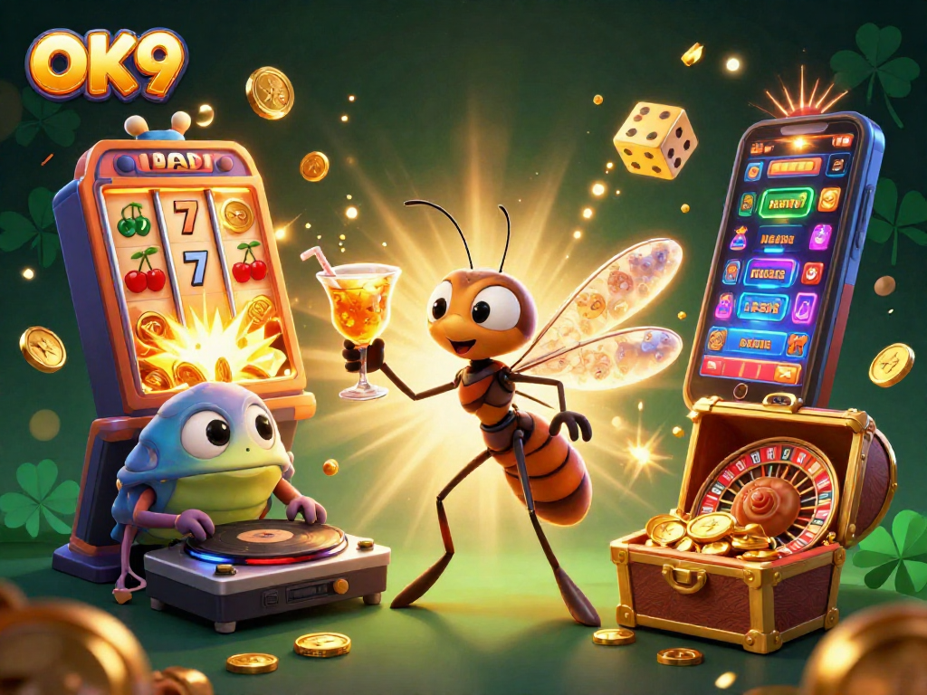Experience thrilling gaming action at OK9 with an exciting casino scene featuring unique characters and vibrant elements.