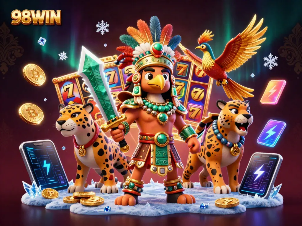 Engage players at 98WIN with vibrant 3D depiction of Aztec warriors in a slot-filled casino world.