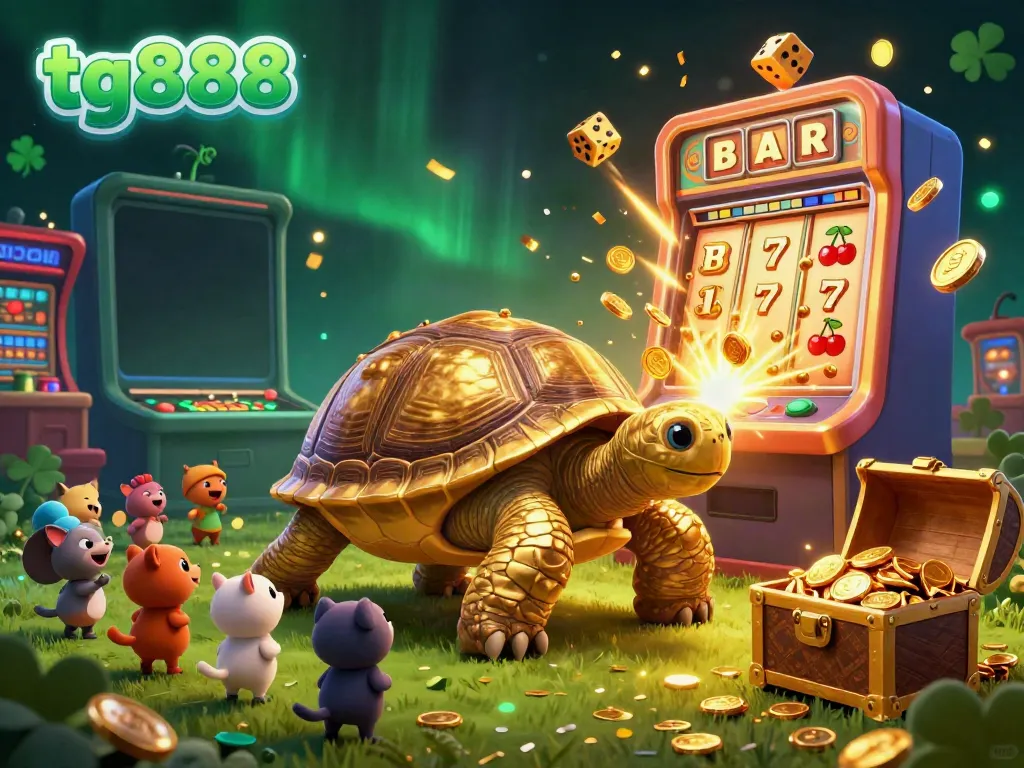 Experience thrilling games at tg888 with a captivating 3D scene showcasing a golden tortoise-shaped pinball machine and jackpot elements.