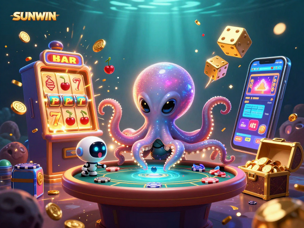 SUNWIN: Engaging with a colorful casino game scene featuring an alien octopus and a robot amidst dynamic slot machines and cards.