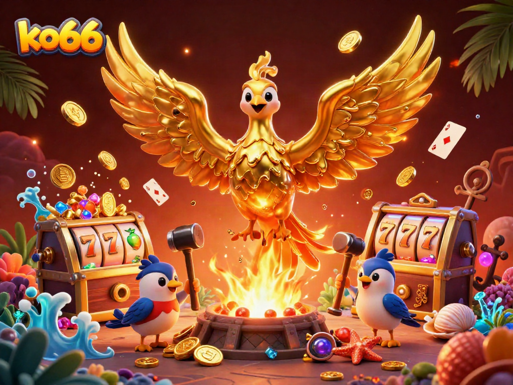 Experience the thrill of ko66 with a vibrant golden phoenix and casino elements in action.
