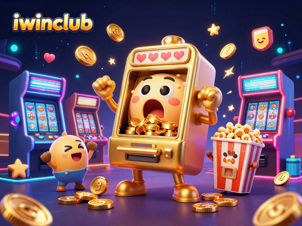 Experience thrilling wins with iwinclub's vibrant jackpot scene featuring cartoon slot machines and golden coins.