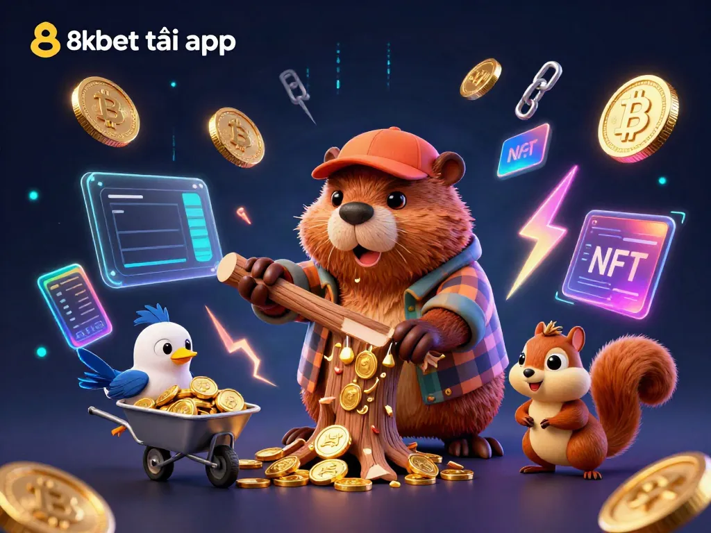 Win big with the 8xbet tải app in a vibrant 3D casino-themed scene filled with coins and crypto.