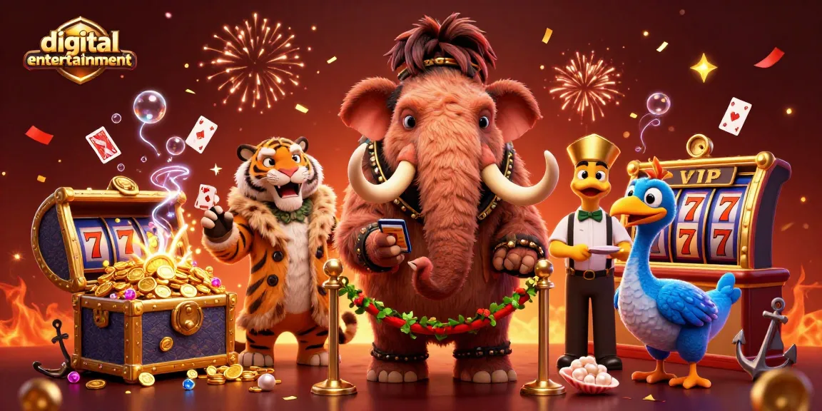 Engage with digital entertainment featuring a vibrant casino scene with a woolly mammoth bouncer checking IDs.
