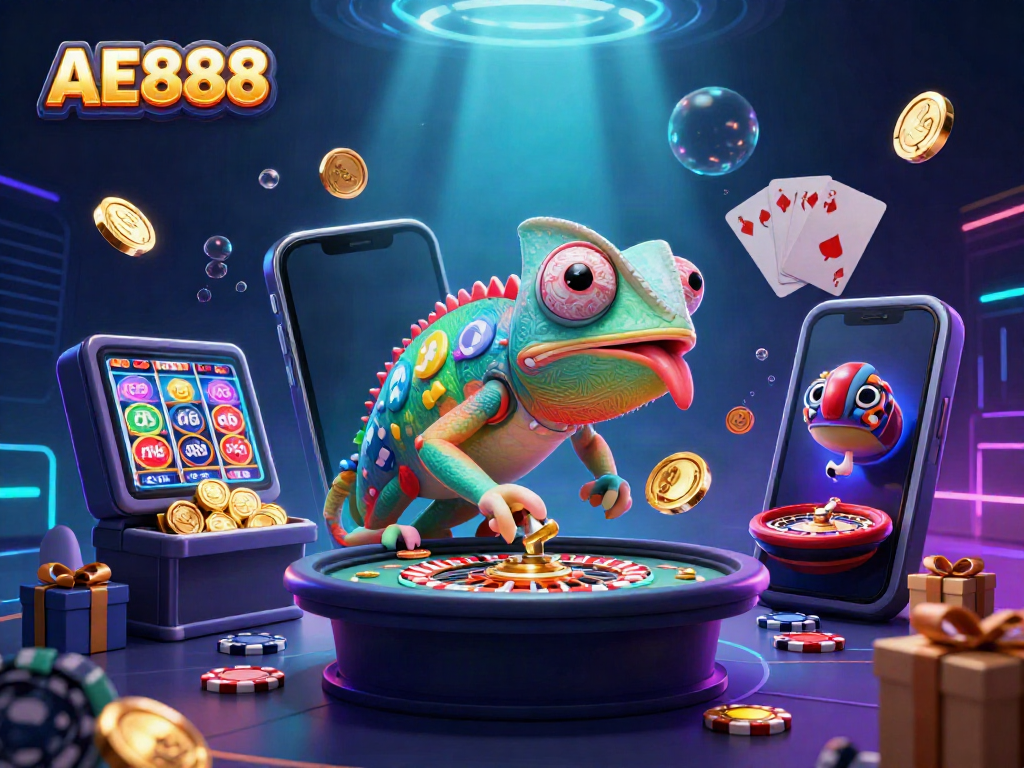 Experience the vibrant AE888 casino world with a chameleon-themed owner capturing golden coins.