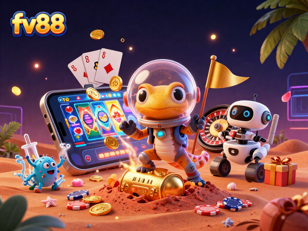 fv88 captivates players with a Martian gecko discovering a golden casino, amidst rich casino elements.
