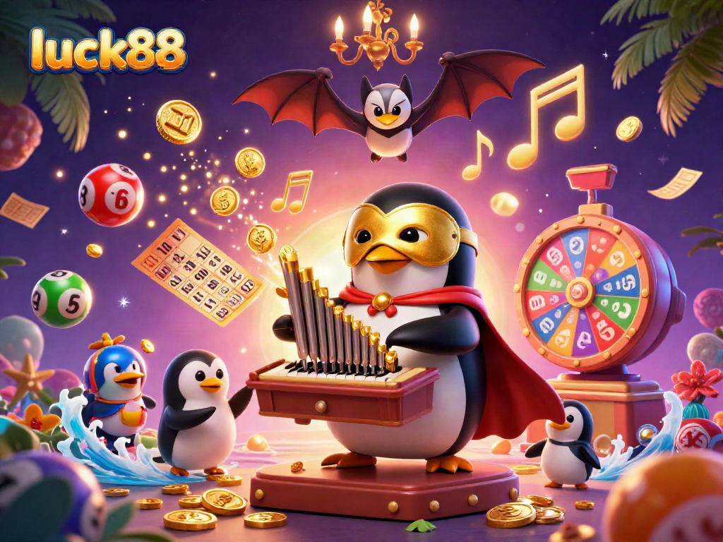 Grab luck88 rewards as the 3D phantom penguin orchestrates a vibrant gambling scene.