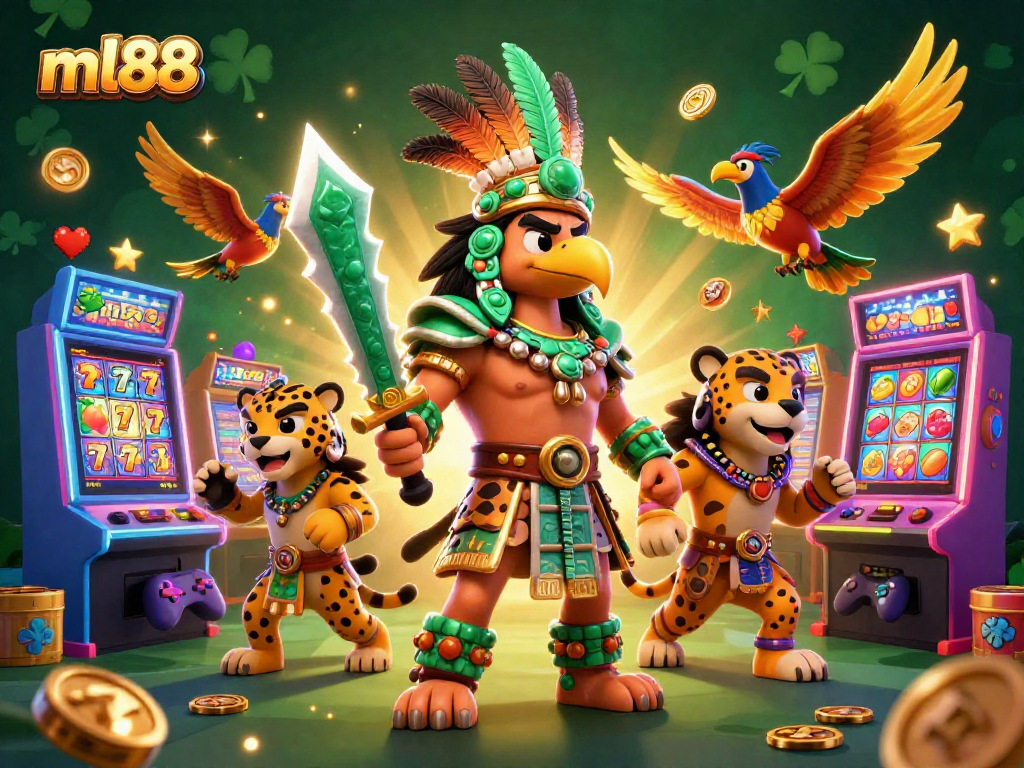 Experience thrilling jackpots with ml88 in a vibrant, interactive casino illustration featuring Aztec warriors.