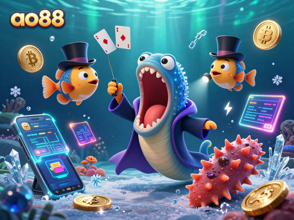 Experience ao88 with a magical illustration featuring an eel and anglerfish performing card tricks, showcasing vibrant gambling elements.