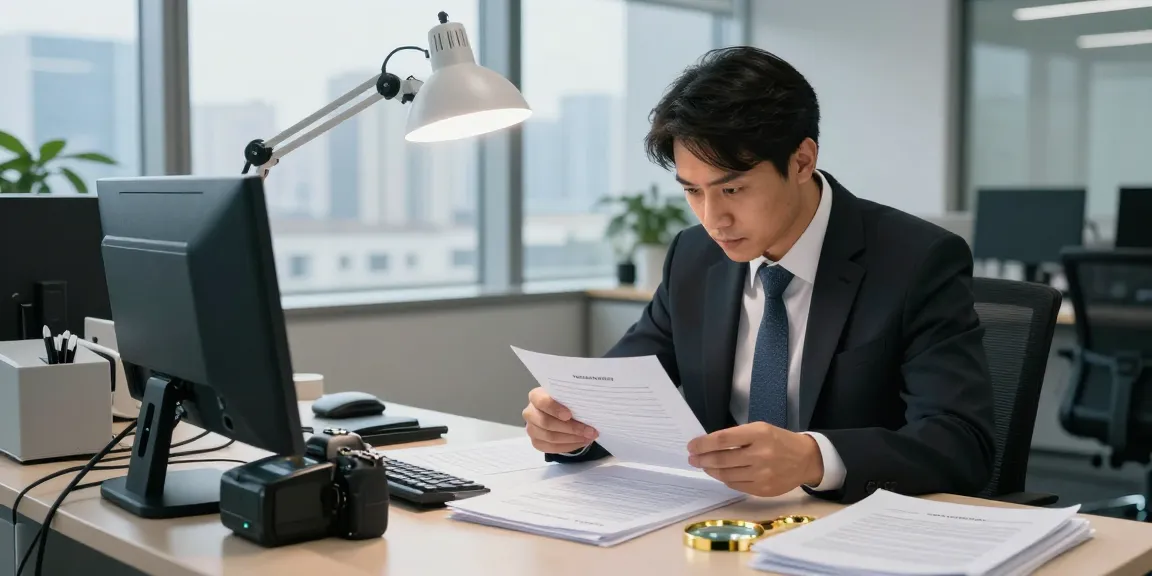 Document fraud detection analysis by a forensic analyst in a modern office setting with tools.