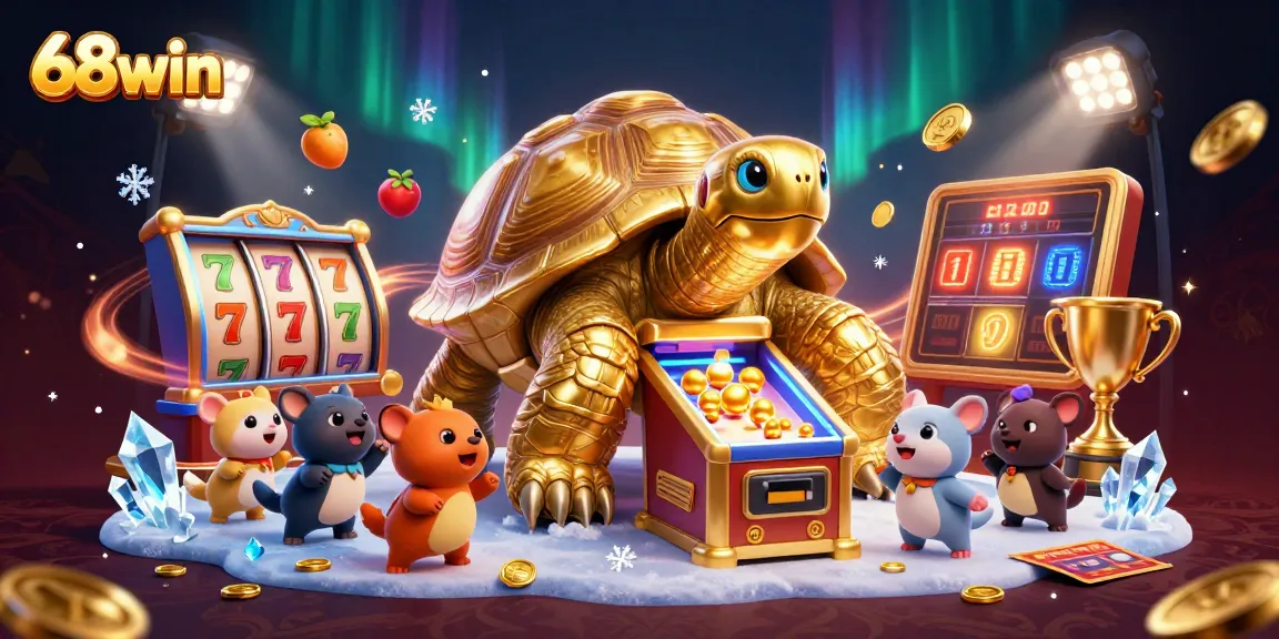 Experience exciting gaming at 68win with a colossal tortoise and vibrant slot elements