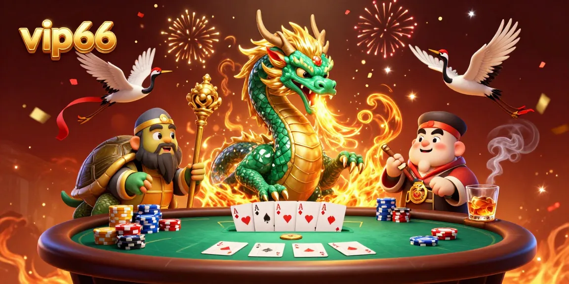 Experience thrilling moments at vip66 casino with a vibrant 3D illustration featuring a jade dragon and poker elements.