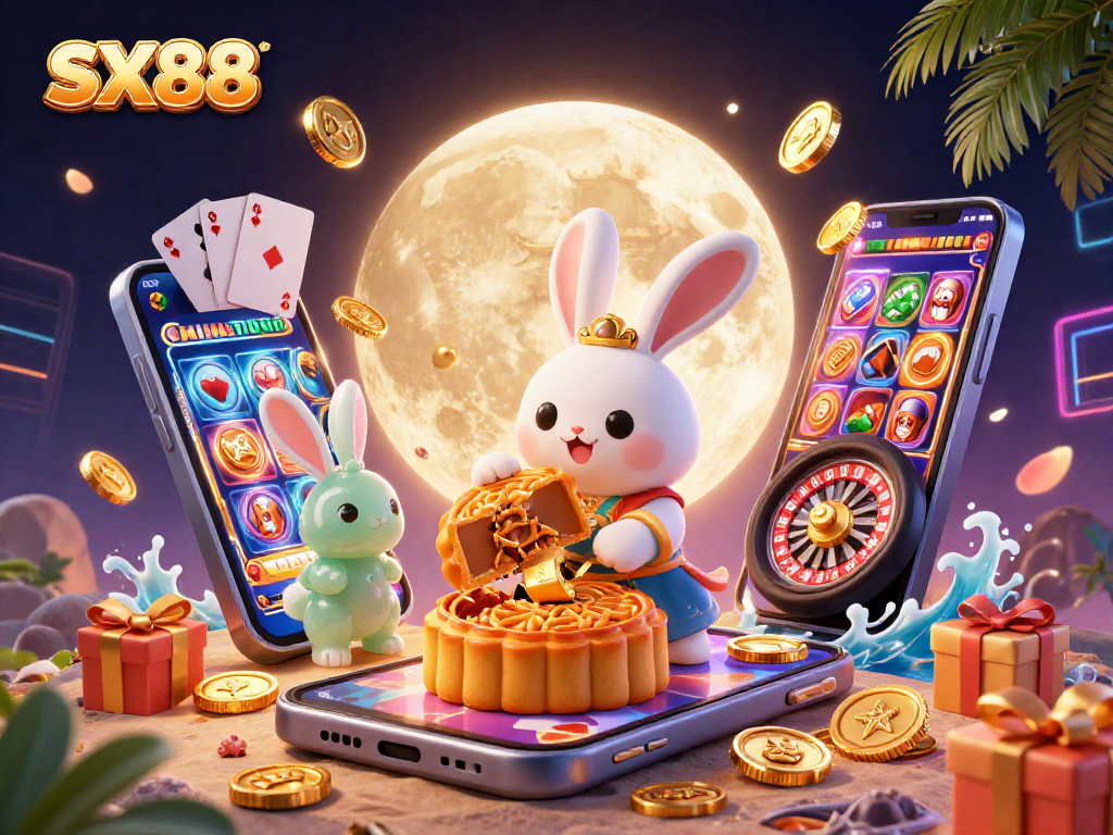 SX88 celebrates with engaging casino elements featuring a moon rabbit and vibrant gaming graphics.
