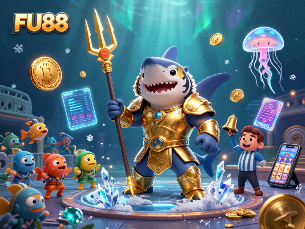 Experience the excitement of FU88 casino with vibrant graphics featuring a golden gladiator shark and dynamic gaming elements.