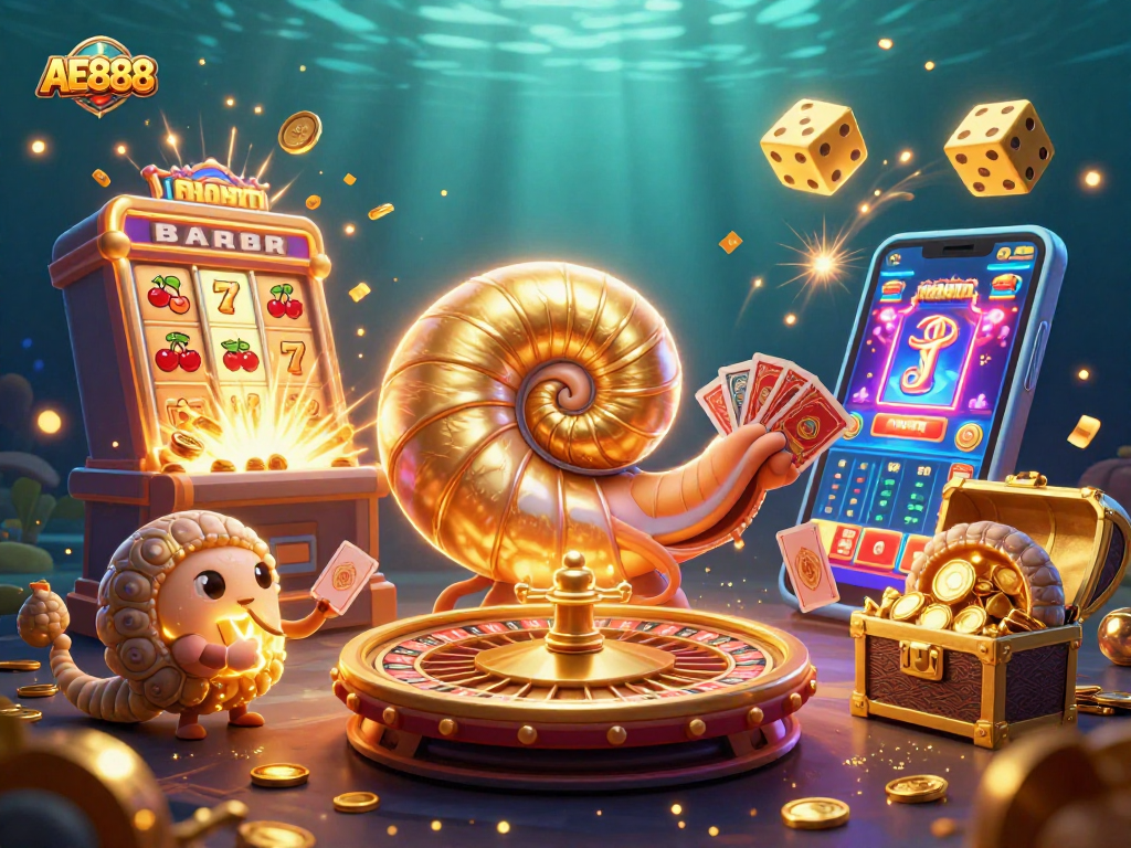 Win at AE888 with exciting 3D casino games featuring giant nautilus and colorful elements.