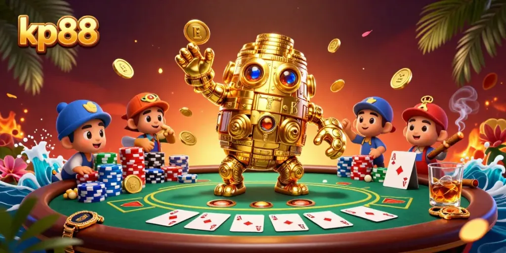 Engage with thrilling gameplay at kp88, a vibrant casino scene showcasing poker excitement and a golden golem.