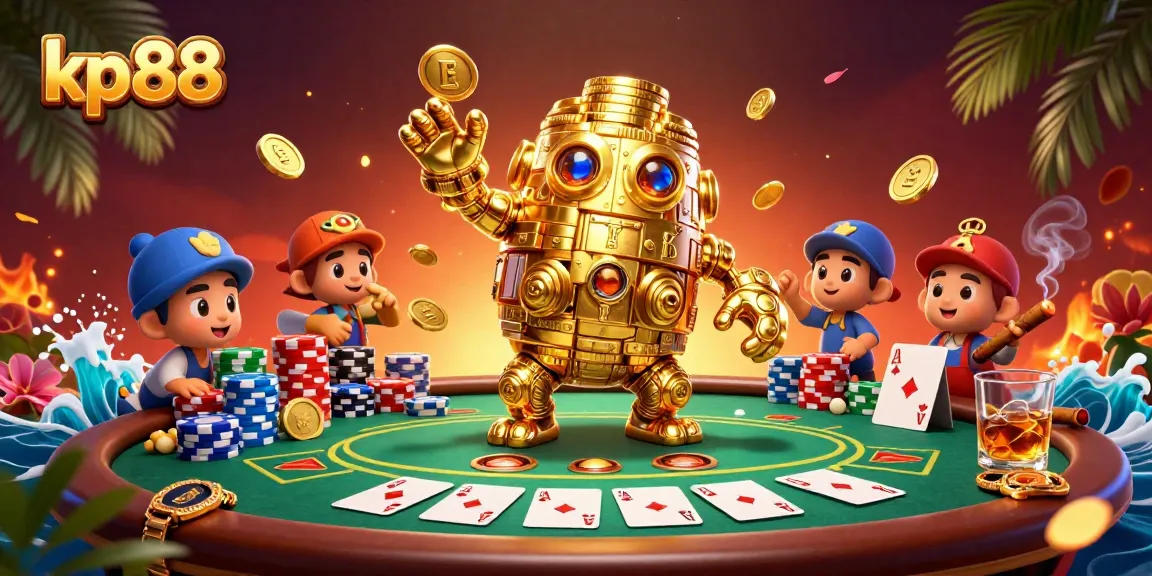 Engage with thrilling gameplay at kp88, a vibrant casino scene showcasing poker excitement and a golden golem.