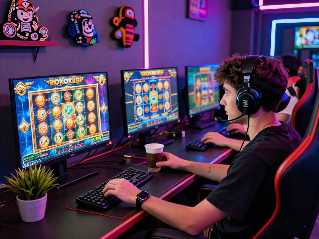Exciting gaming environment at ROKOK88, player engaged with vibrant slot games on multiple screens, showcasing the thrill of online gambling.