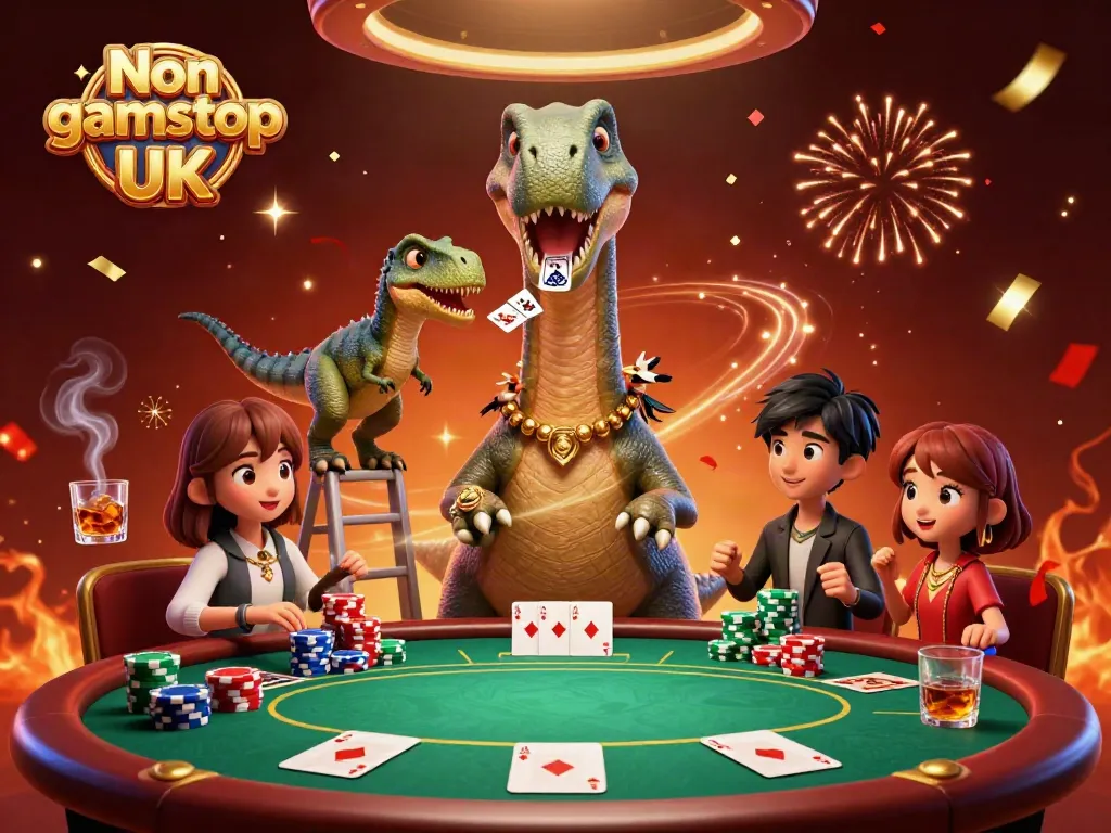 Engage in poker games with Non gamstop casinos UK, featuring a fun casino scene with vibrant characters.