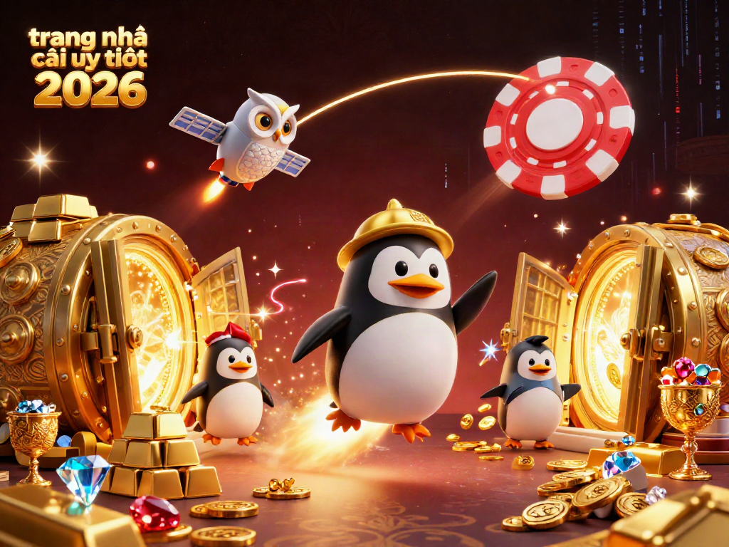 Experience the excitement of trang nhà cái uy tín 2026 with a golden penguin flying to a casino space station.
