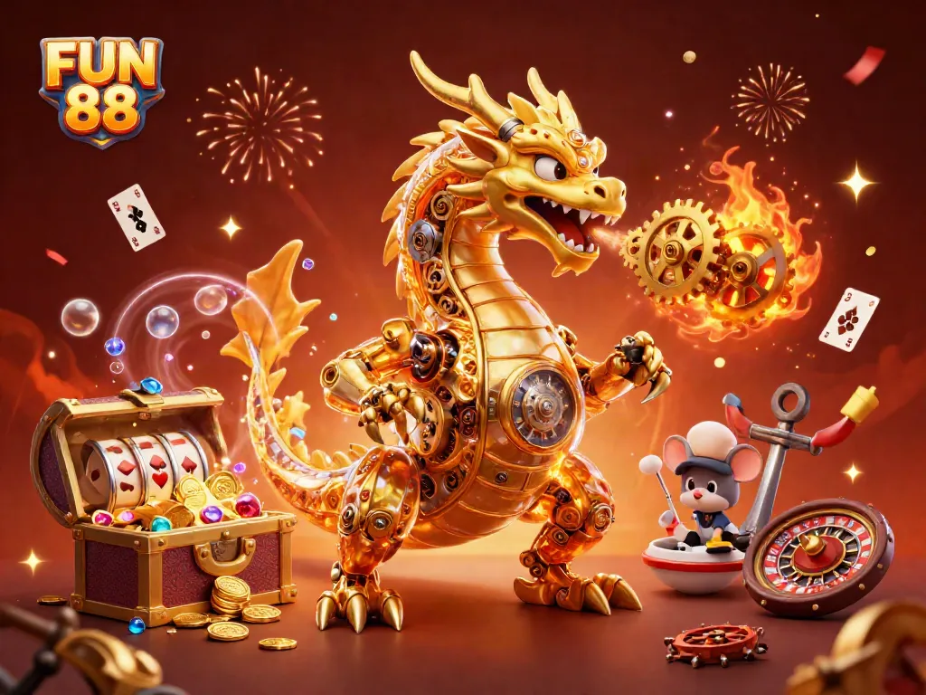 Experience FUN 88 with a dynamic 3D dragon guardian and themed gaming elements.