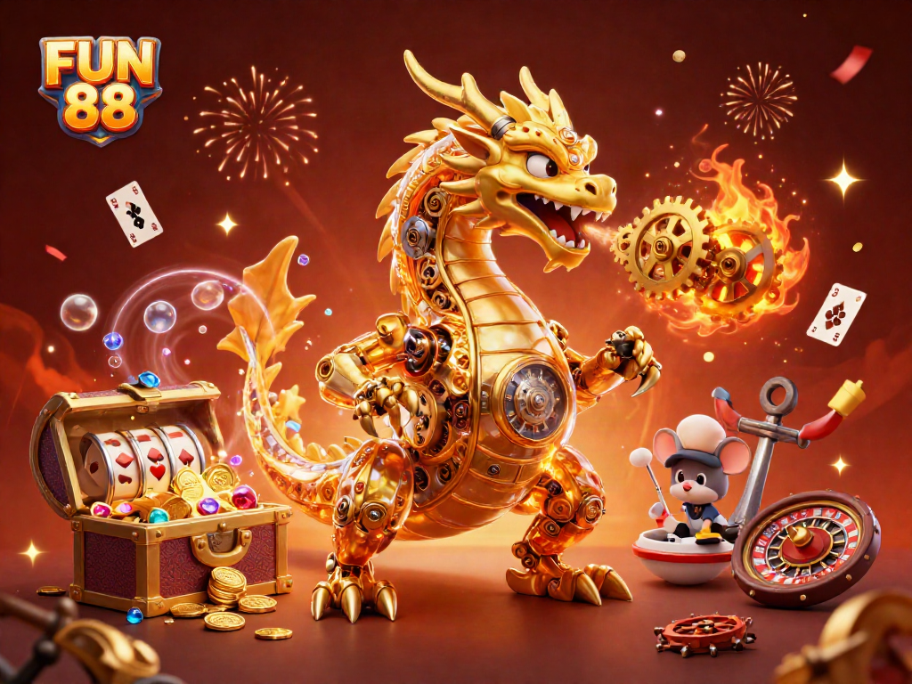Experience FUN 88 with a dynamic 3D dragon guardian and themed gaming elements.