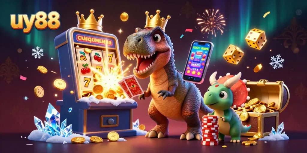 Experience exhilarating games with uy88, featuring vibrant 3D T-Rex characters and a jackpot explosion.