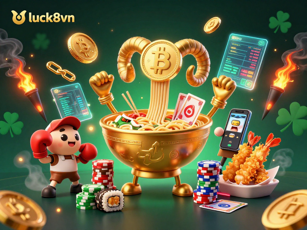 Engage with luck8vn in a colorful casino scene featuring animated food characters and digital gaming elements.