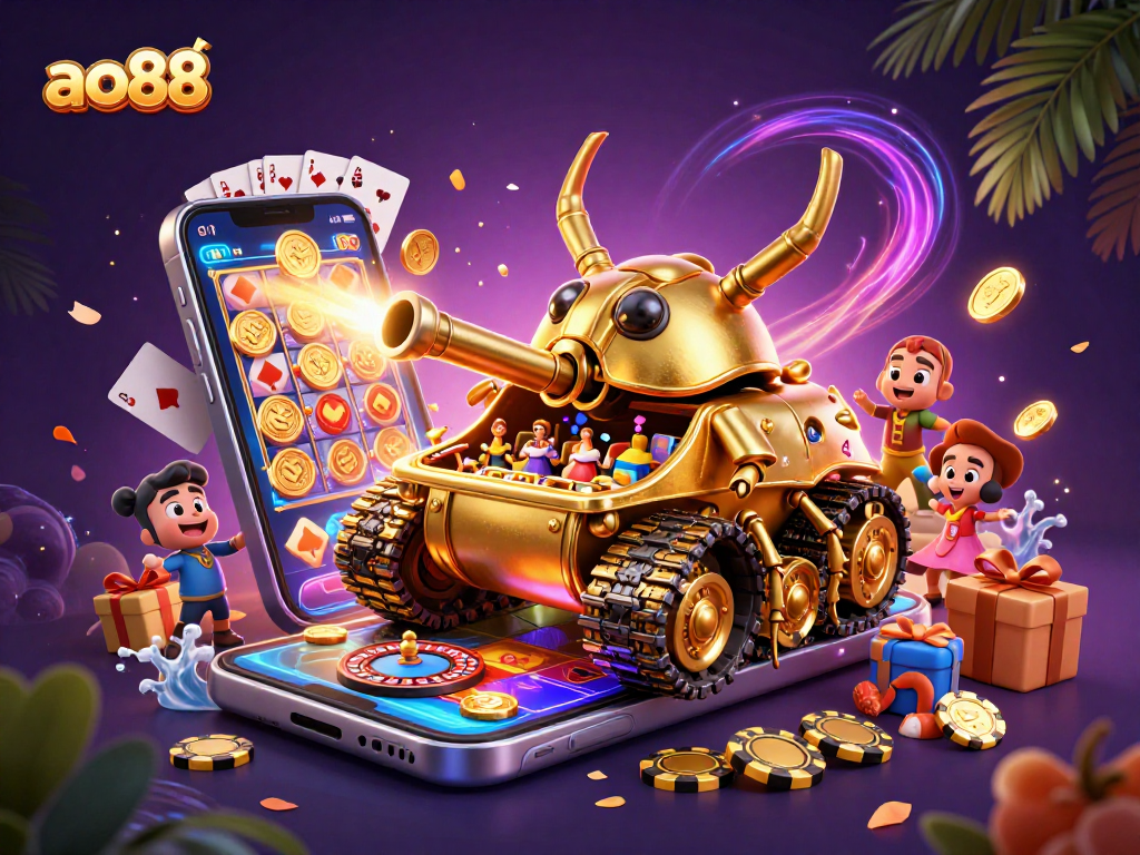 Engage with ao88's exciting gameplay in an enchanting 3D casino setup featuring golden beetle tank.