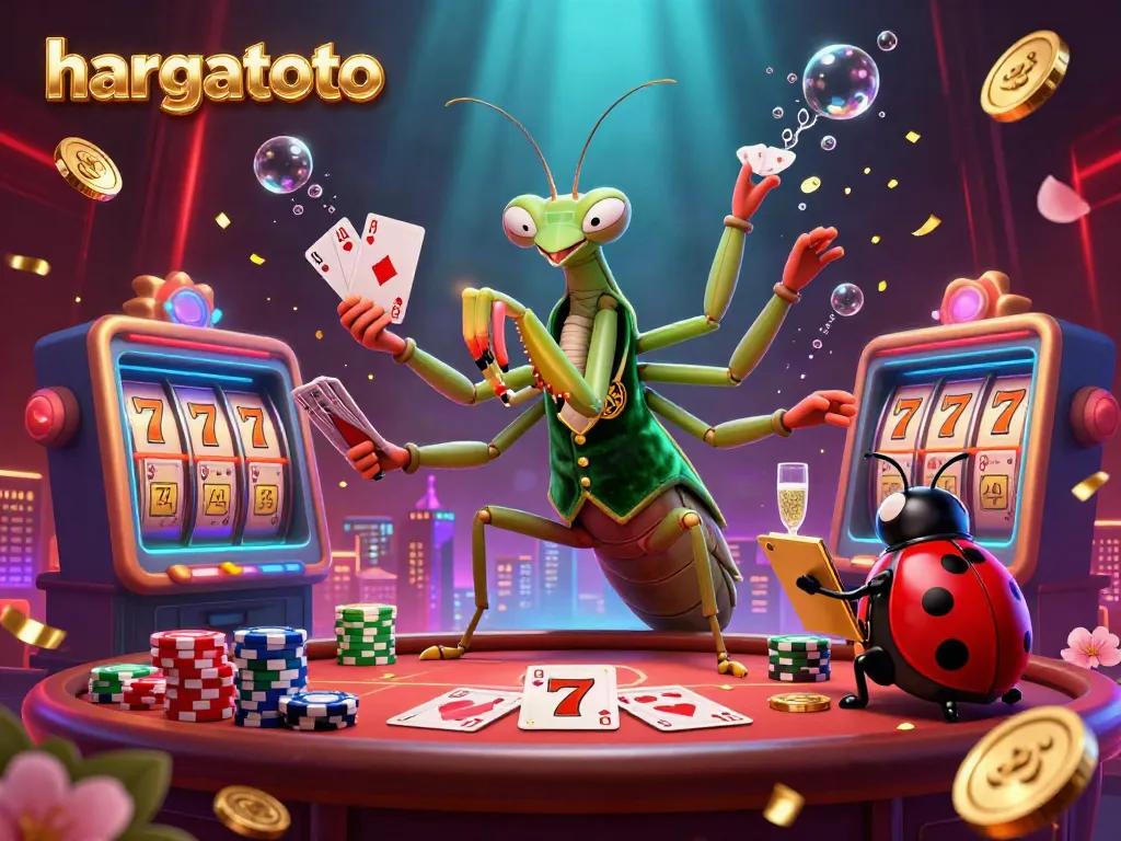 Experience the excitement of hargatoto with vibrant slot machines, golden coins, and a lively casino atmosphere.