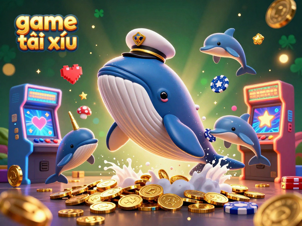 Engage in game tài xỉu with vibrant whales, dolphins, and coins in a dynamic casino illustration.