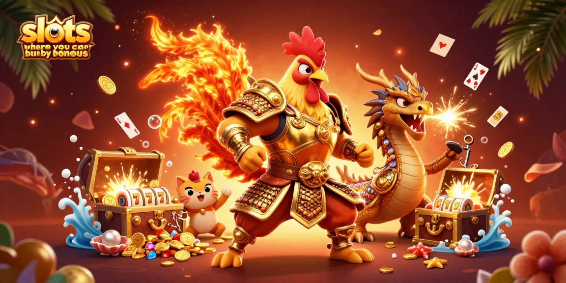 Engage with thrilling slots where you can buy bonus, featuring a golden rooster warrior, dragon hatchling, and vibrant gaming elements.