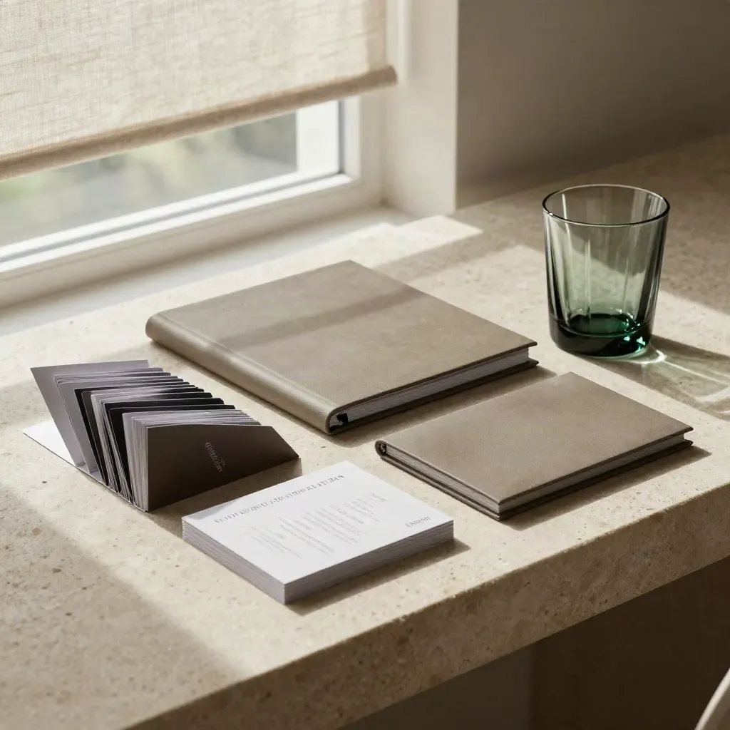 Investor plan bundle on a stone console with cards, packets and a glass in soft daylight