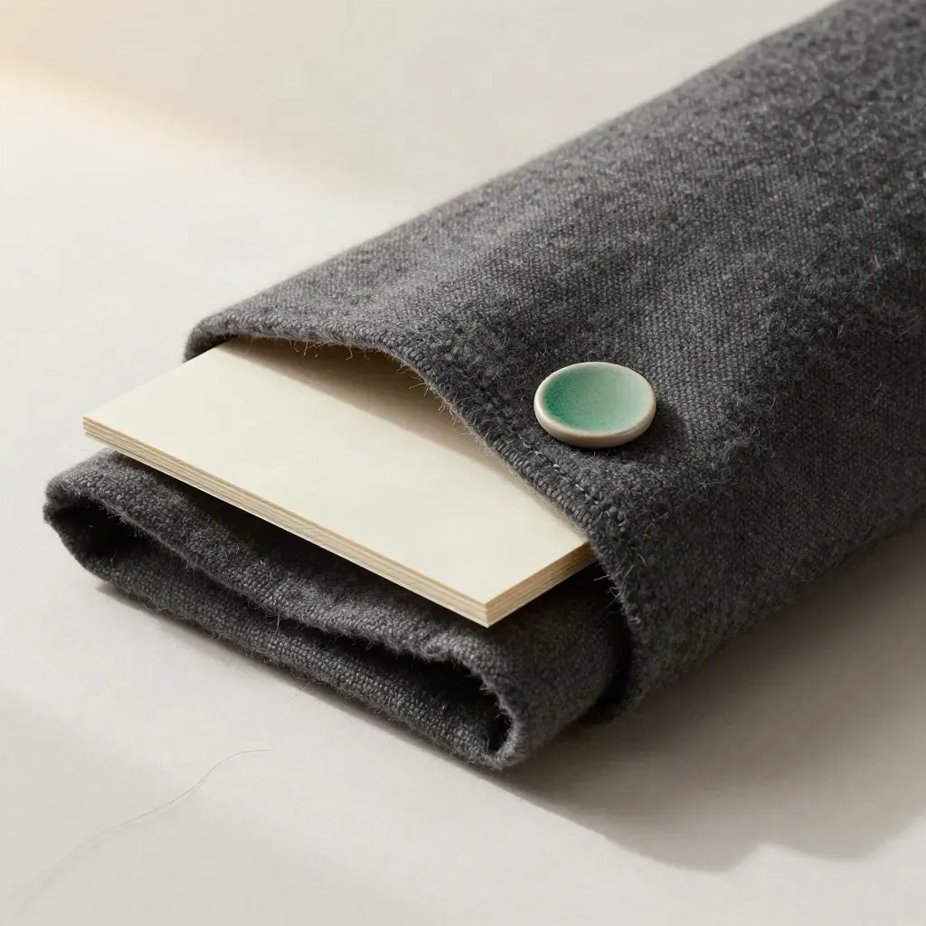 Charcoal wool pack with cream insert and ceramic disc in a tight diagonal macro.