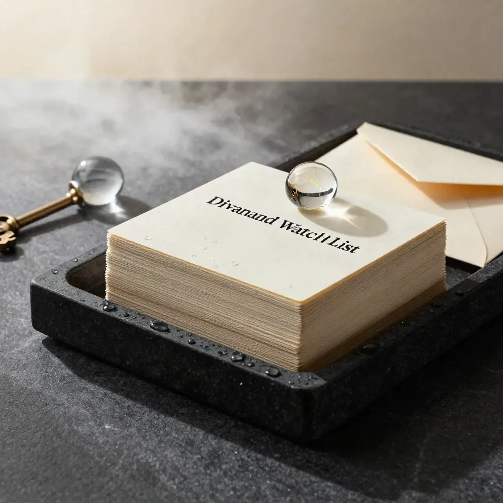 Cream alert cards in a wet black stone tray with glass pebble and folded envelope, lit dramatically.