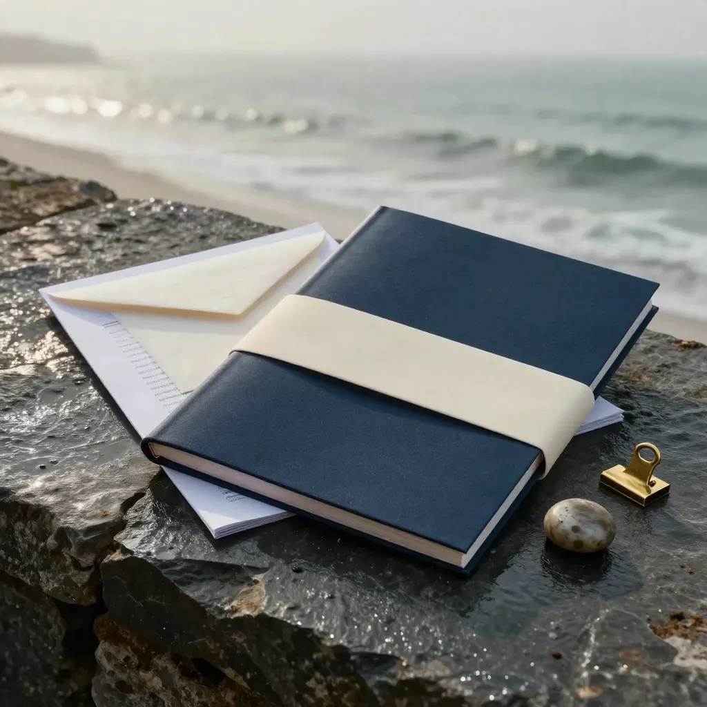 Rain-lit blue-chip investment pack with navy folio, envelope, brass clip and stone paperweight